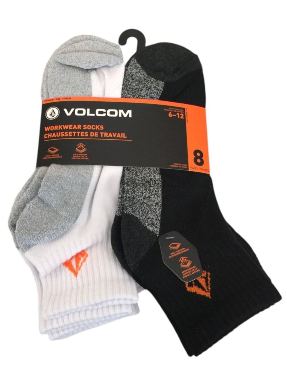 VOLCOM Men's Workwear Ankle Socks Size 6-12 Black Gray White Arch Support
